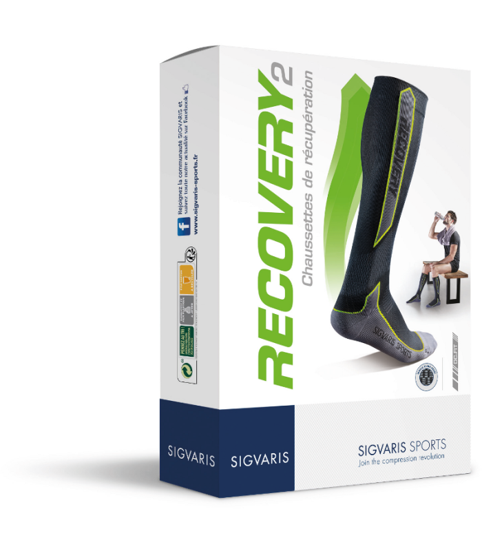 Packaging des chaussettes de compression sportive Recovery2 de Sigvaris. Coloris Green