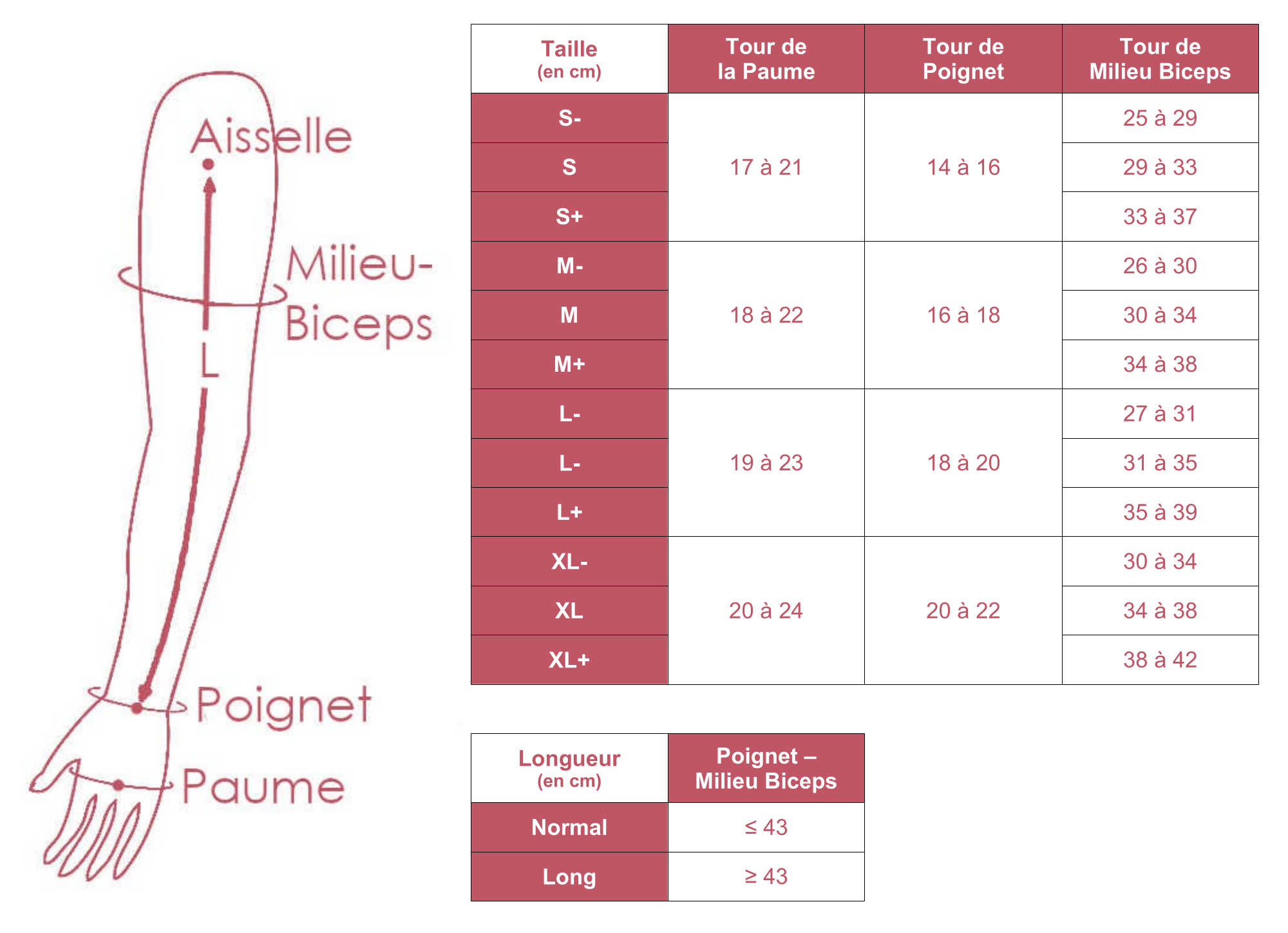 Grille des tailles de manchon Advance avec mitaine Sigvaris en classe 2