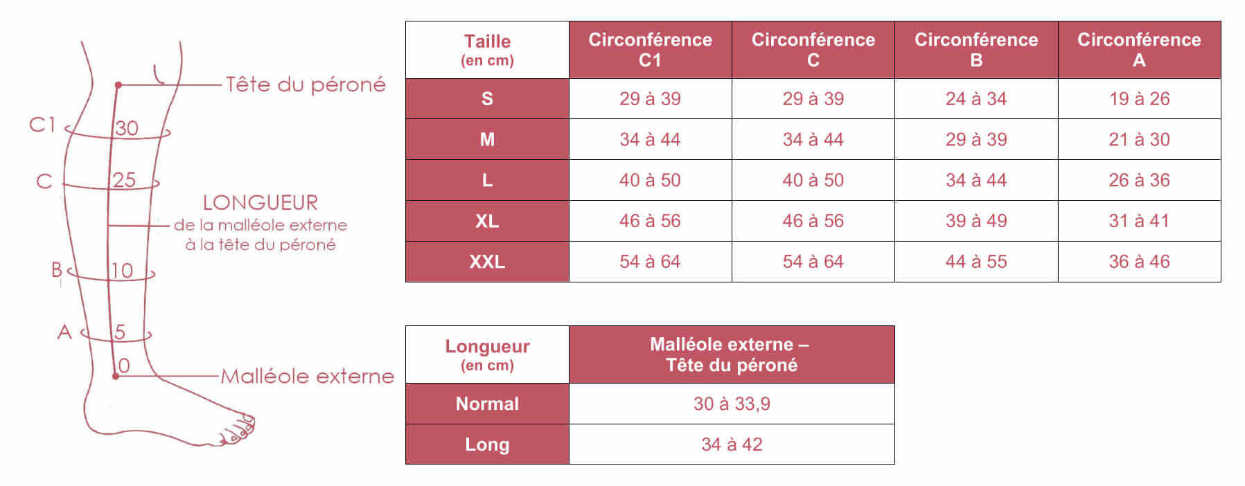 Grille des tailles du dispositif de compression Compreflex No Foot Sigvaris